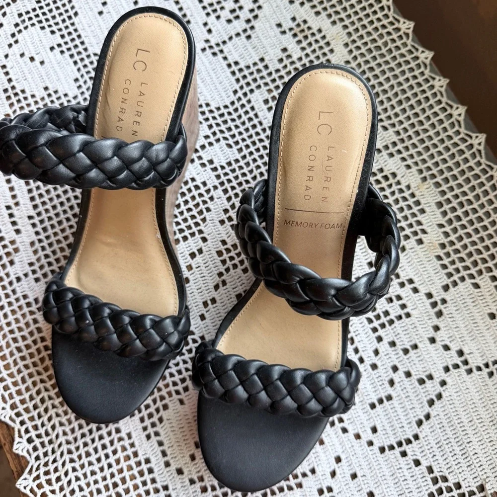 LC‎ Lauren Conrad Braided Strap Cork Wedge Sandals Black Size 9.5